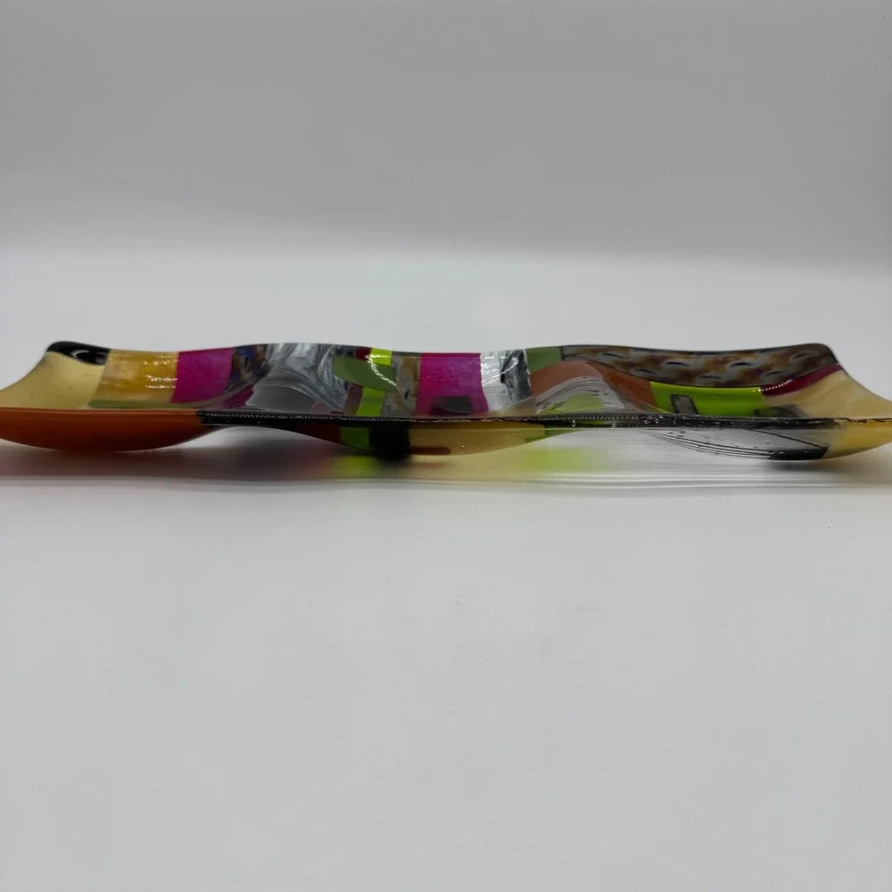 Lauren Goldfield '92 Fused Art Glass Tray Plate Colorful Abstract Design Devided